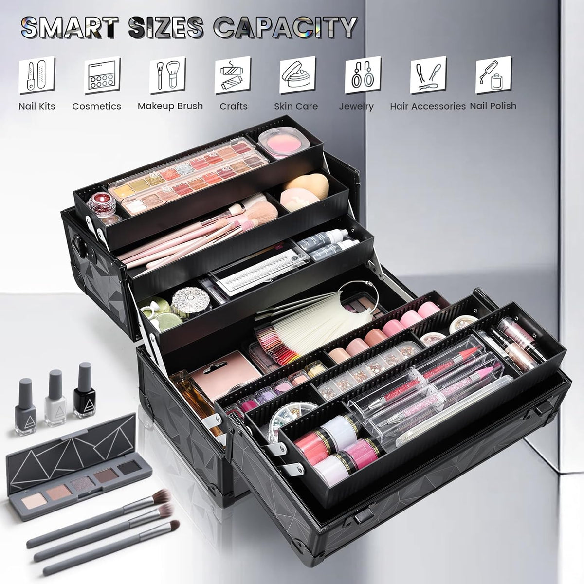 Makeup Train Case Makeup Case 12.6 Inch Large Cosmetic Box Organizer Travel Storage Professional Make Up Train Carrying Case with 6 Trays Locking Shoulder Strap Hard Vanity Storage Black
