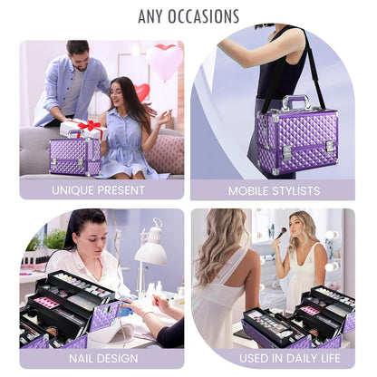 Makeup Train Case Makeup Case 12.6 Inch Large Cosmetic Box Organizer Travel Storage Professional Make Up Train Carrying Case with 6 Trays Locking Shoulder Strap Hard Vanity Storage Black