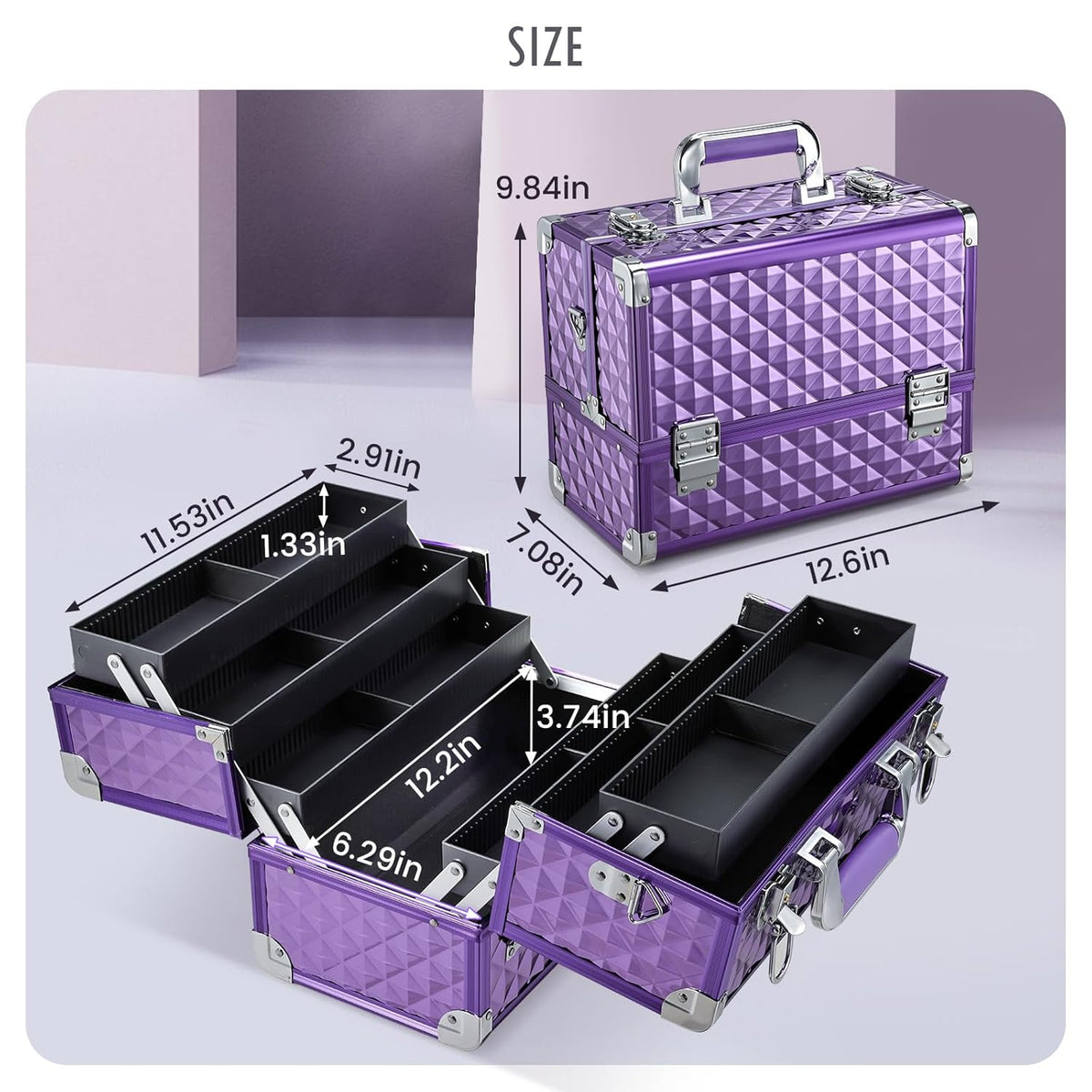 Makeup Train Case Makeup Case 12.6 Inch Large Cosmetic Box Organizer Travel Storage Professional Make Up Train Carrying Case with 6 Trays Locking Shoulder Strap Hard Vanity Storage Black