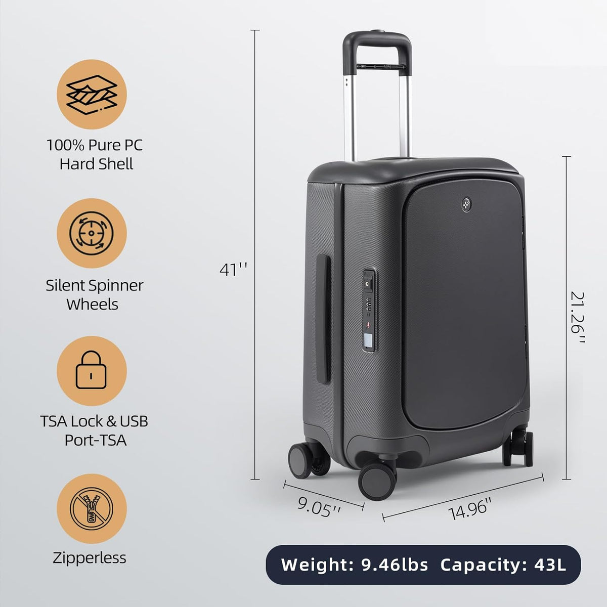 Hang Safe Carry On Luggage,22x14x9 Airline Approved Rolling Suitcase with Spinner Wheels,Bussiness Hard Shell Luggage with TSA Lock&USB Port for Travel,Zipperless,Lightweight,Grey