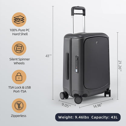 Hang Safe Carry On Luggage,22x14x9 Airline Approved Rolling Suitcase with Spinner Wheels,Bussiness Hard Shell Luggage with TSA Lock&USB Port for Travel,Zipperless,Lightweight,Grey