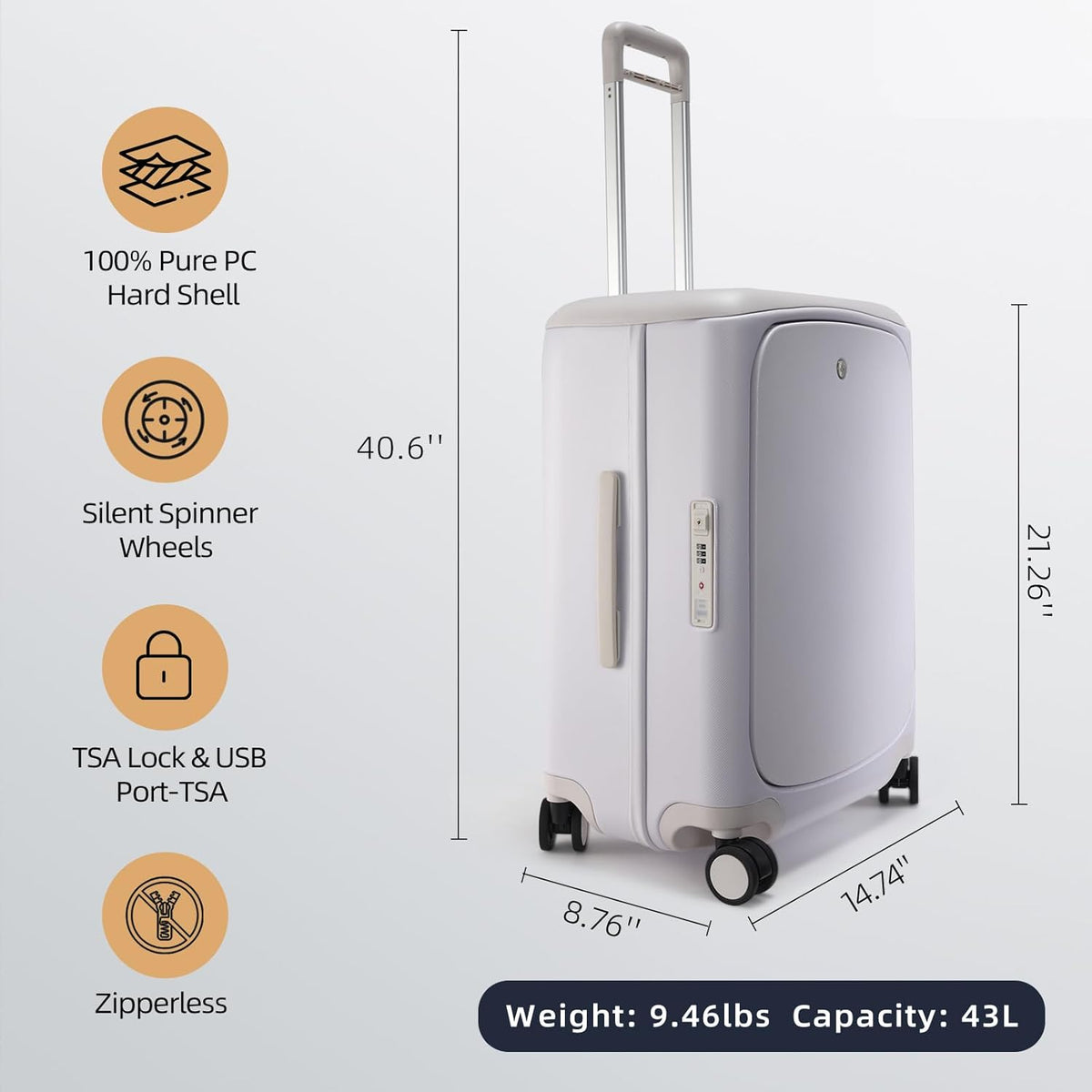 Hang Safe Carry On Luggage,22x14x9 Airline Approved Rolling Suitcase with Spinner Wheels,Bussiness Hard Shell Luggage with TSA Lock&USB Port for Travel,Zipperless,Lightweight,Grey