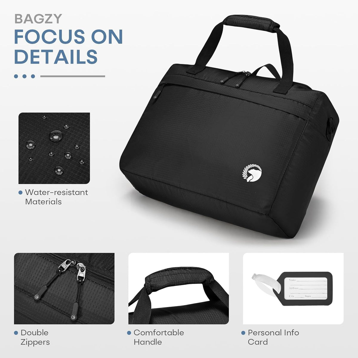 40x30x15cm Personal Item Travel Bag 16x12x6 inch Lightweight Gym Bag Foldable Duffle Bag Mens Water-resistant Weekender Bags for Women for Overnight Hospital Carry on Bags for Airplanes Gray