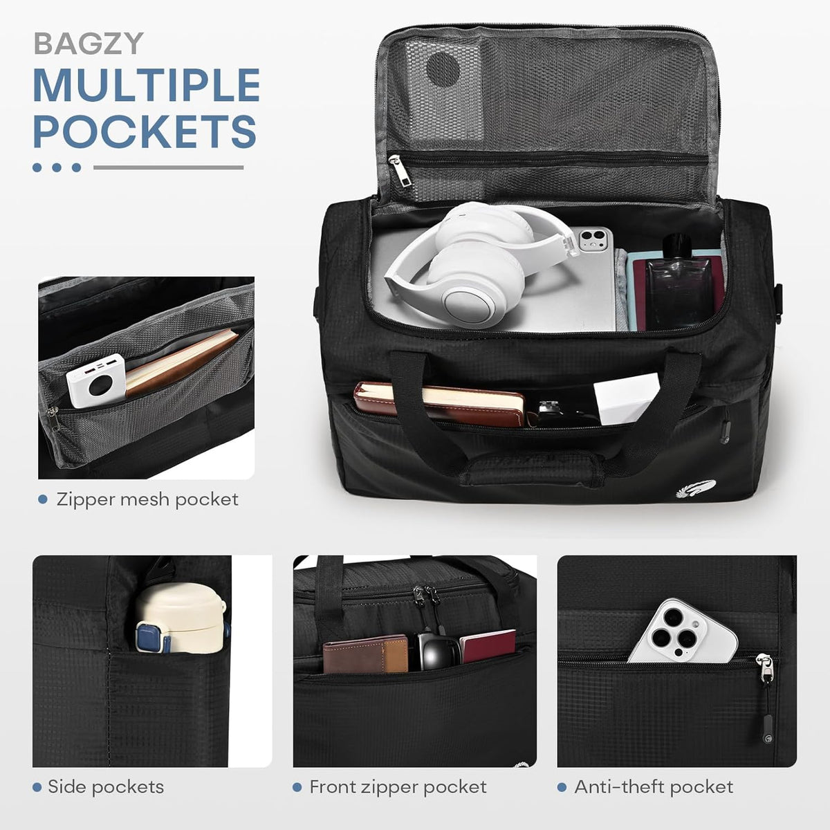 40x30x15cm Personal Item Travel Bag 16x12x6 inch Lightweight Gym Bag Foldable Duffle Bag Mens Water-resistant Weekender Bags for Women for Overnight Hospital Carry on Bags for Airplanes Gray