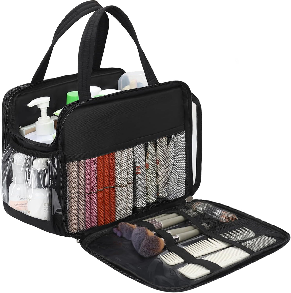 Travel Toiletry Bag for Women - Large Wide-Open Makeup Bag with Compartments, Lightweight Cosmetic Bag with Adjustable Dividers, Puffy Visible Toiletry Organizer for Full-Sized Container