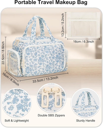 Travel Toiletry Bag for Women - Large Wide-Open Makeup Bag with Compartments, Lightweight Cosmetic Bag with Adjustable Dividers, Puffy Visible Toiletry Organizer for Full-Sized Container