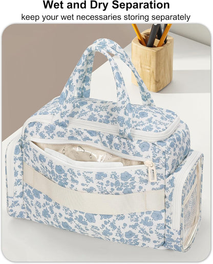 Travel Toiletry Bag for Women - Large Wide-Open Makeup Bag with Compartments, Lightweight Cosmetic Bag with Adjustable Dividers, Puffy Visible Toiletry Organizer for Full-Sized Container