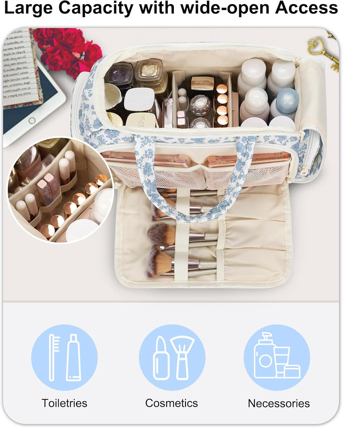 Travel Toiletry Bag for Women - Large Wide-Open Makeup Bag with Compartments, Lightweight Cosmetic Bag with Adjustable Dividers, Puffy Visible Toiletry Organizer for Full-Sized Container