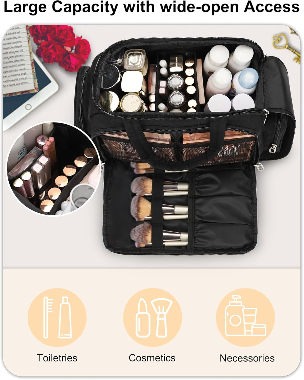 Travel Toiletry Bag for Women - Large Wide-Open Makeup Bag with Compartments, Lightweight Cosmetic Bag with Adjustable Dividers, Puffy Visible Toiletry Organizer for Full-Sized Container
