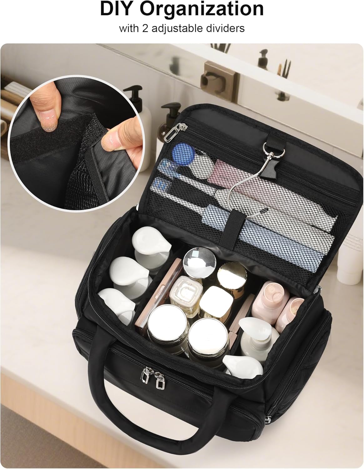 Travel Toiletry Bag for Women - Large Wide-Open Makeup Bag with Compartments, Lightweight Cosmetic Bag with Adjustable Dividers, Puffy Visible Toiletry Organizer for Full-Sized Container