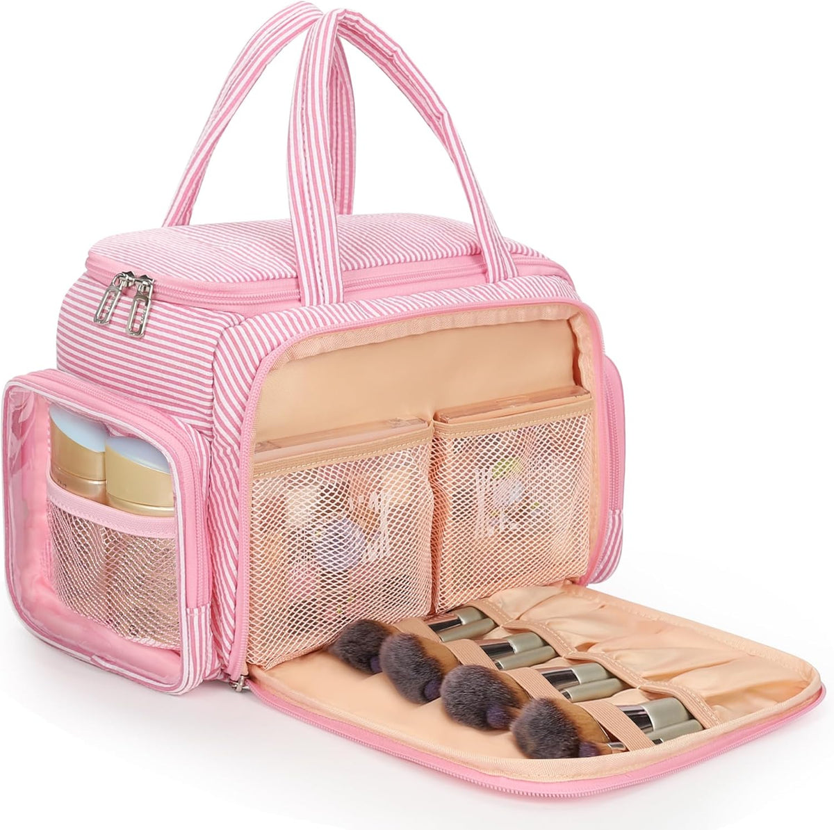 Travel Toiletry Bag for Women - Large Wide-Open Makeup Bag with Compartments, Lightweight Cosmetic Bag with Adjustable Dividers, Puffy Visible Toiletry Organizer for Full-Sized Container