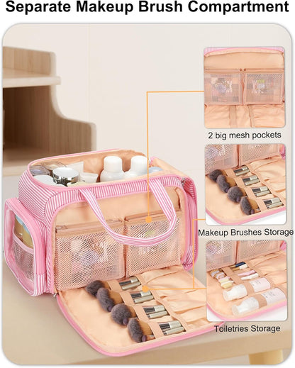 Travel Toiletry Bag for Women - Large Wide-Open Makeup Bag with Compartments, Lightweight Cosmetic Bag with Adjustable Dividers, Puffy Visible Toiletry Organizer for Full-Sized Container