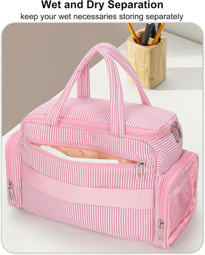 Travel Toiletry Bag for Women - Large Wide-Open Makeup Bag with Compartments, Lightweight Cosmetic Bag with Adjustable Dividers, Puffy Visible Toiletry Organizer for Full-Sized Container