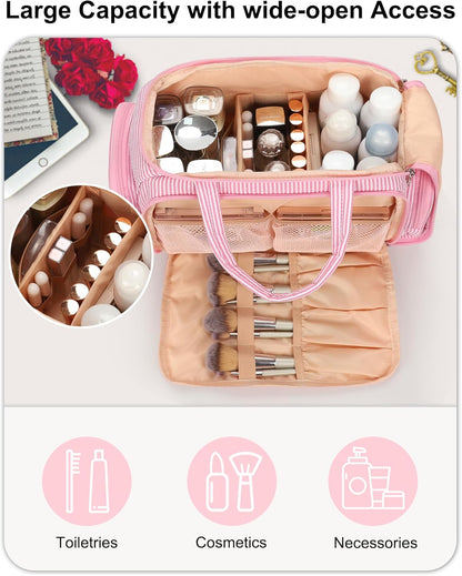 Travel Toiletry Bag for Women - Large Wide-Open Makeup Bag with Compartments, Lightweight Cosmetic Bag with Adjustable Dividers, Puffy Visible Toiletry Organizer for Full-Sized Container