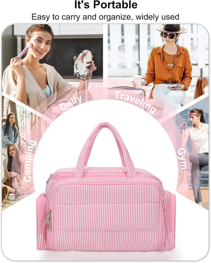Travel Toiletry Bag for Women - Large Wide-Open Makeup Bag with Compartments, Lightweight Cosmetic Bag with Adjustable Dividers, Puffy Visible Toiletry Organizer for Full-Sized Container
