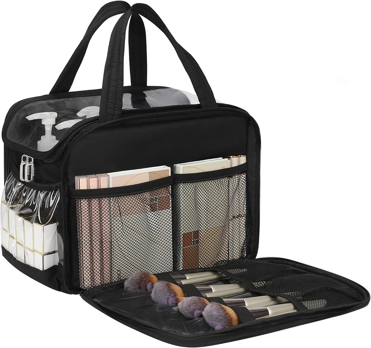 Travel Toiletry Bag for Women - Large Wide-Open Makeup Bag with Compartments, Lightweight Cosmetic Bag with Adjustable Dividers, Puffy Visible Toiletry Organizer for Full-Sized Container