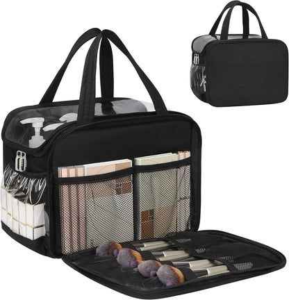 Travel Toiletry Bag for Women - Large Wide-Open Makeup Bag with Compartments, Lightweight Cosmetic Bag with Adjustable Dividers, Puffy Visible Toiletry Organizer for Full-Sized Container
