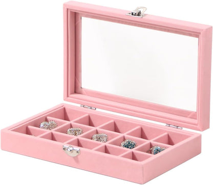 Travel Jewelry Box,Small Jewelry Case,Rings Earrings Cufflinks Organizer for Girls (Pink, 15 Grids)