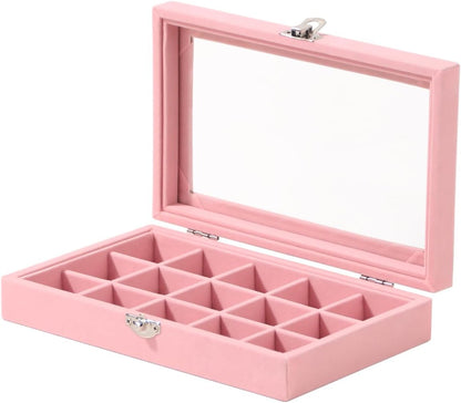 Travel Jewelry Box,Small Jewelry Case,Rings Earrings Cufflinks Organizer for Girls (Pink, 15 Grids)