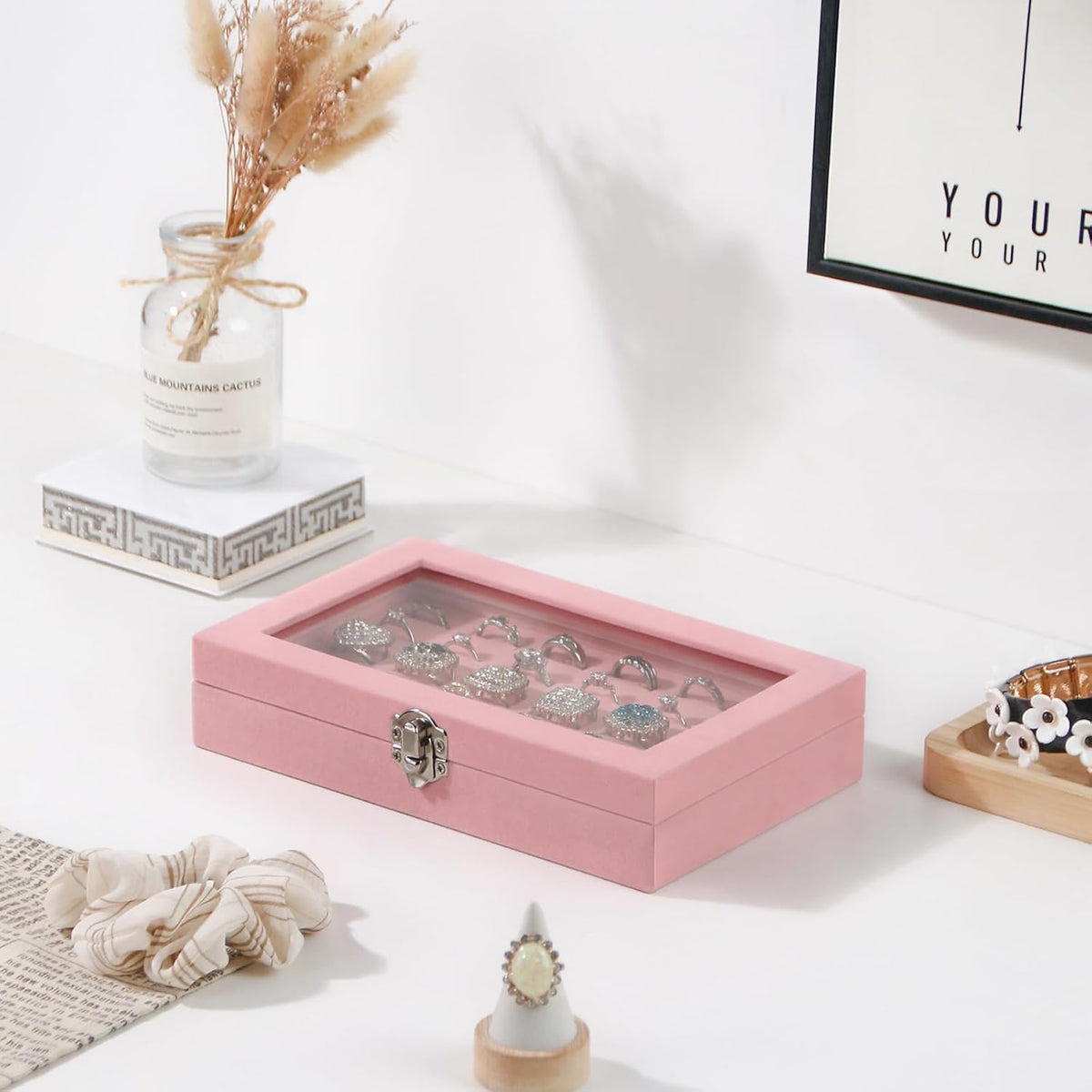 Travel Jewelry Box,Small Jewelry Case,Rings Earrings Cufflinks Organizer for Girls (Pink, 15 Grids)