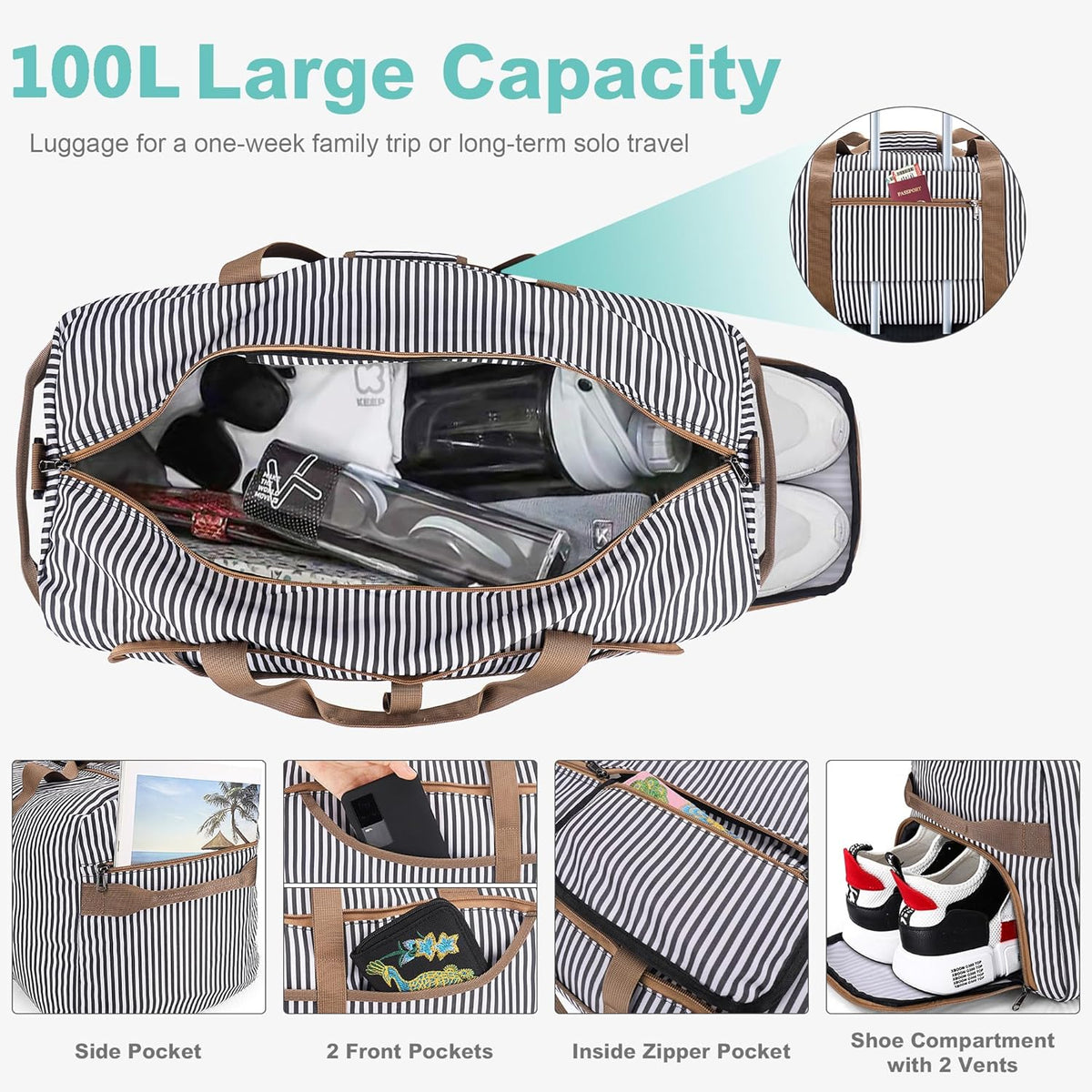 150L Duffle Bag for Travel, Extra Large Foldable Waterproof Travel Duffel Bags Weekender Overnight Bag for Men and Women with Shoe Compartment