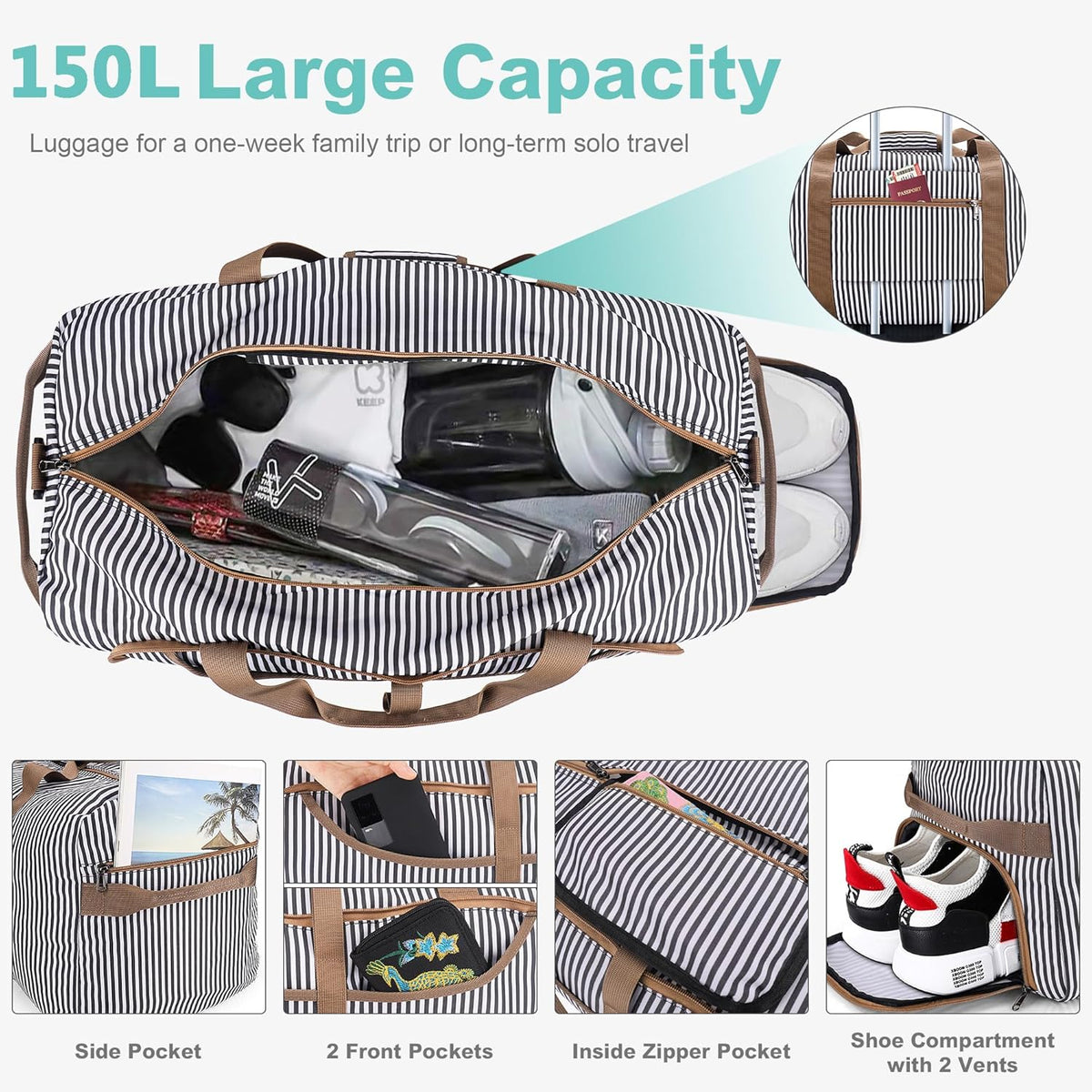 150L Duffle Bag for Travel, Extra Large Foldable Waterproof Travel Duffel Bags Weekender Overnight Bag for Men and Women with Shoe Compartment