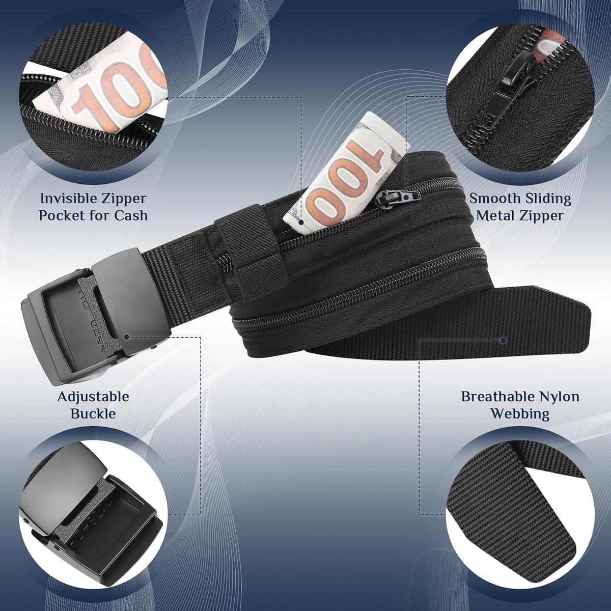 Money Belt- Travel Security Money Belt with Secret Compartment, Anti-Theft Nylon Hidden Money Pouch with Zinc Alloy Buckle for Dad Boyfriend Men, Business Travel Daily