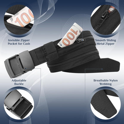 Money Belt- Travel Security Money Belt with Secret Compartment, Anti-Theft Nylon Hidden Money Pouch with Zinc Alloy Buckle for Dad Boyfriend Men, Business Travel Daily