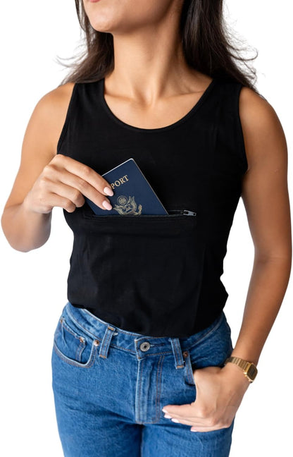 Clever Travel Companion Womens Tank Top with 1 Hidden Zipper Pockets, 100% Pickpocket Proof Holiday Tour Sleeveless Tee Shirt