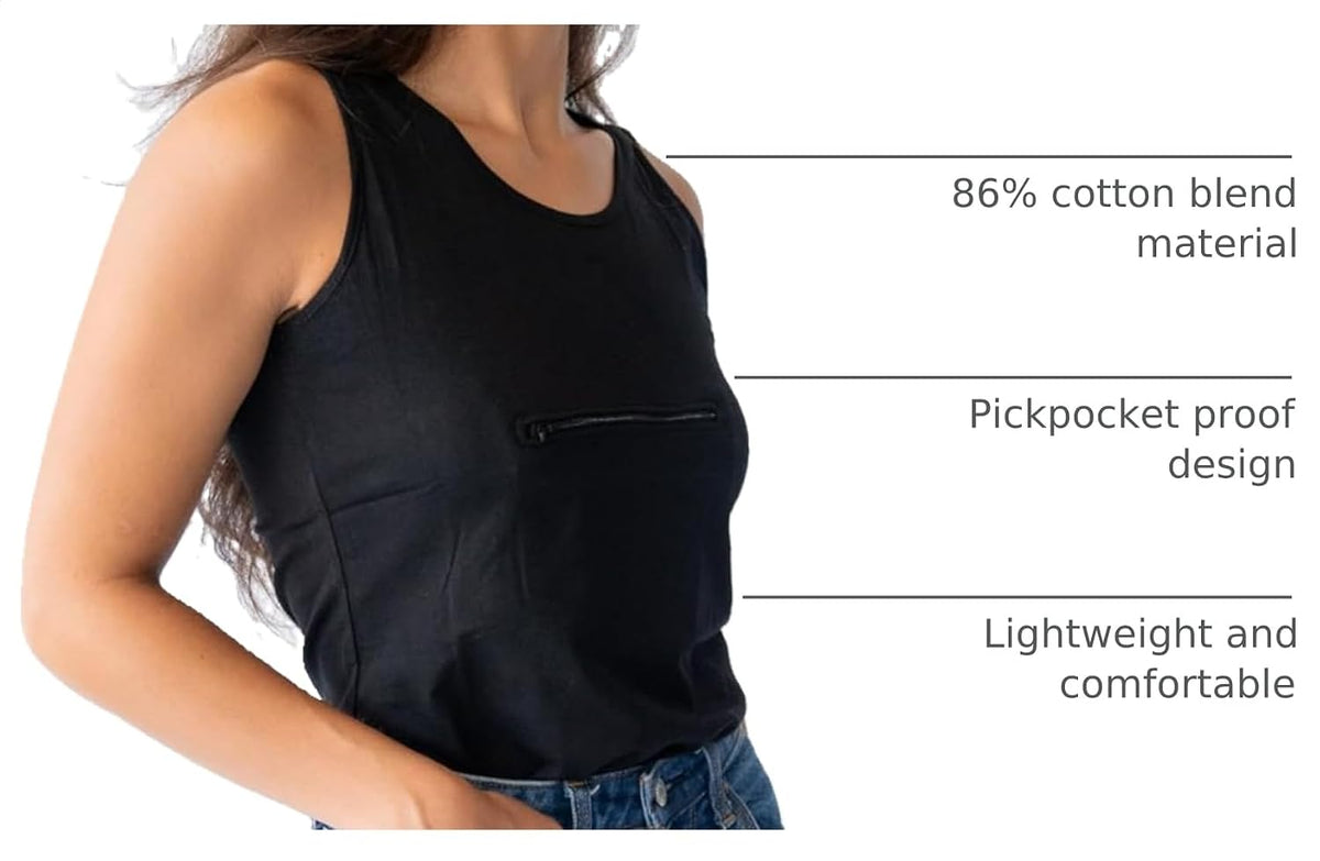 Clever Travel Companion Womens Tank Top with 1 Hidden Zipper Pockets, 100% Pickpocket Proof Holiday Tour Sleeveless Tee Shirt