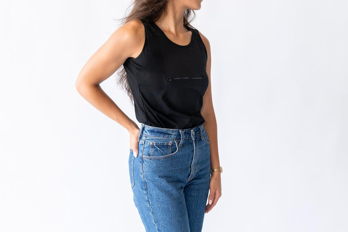 Clever Travel Companion Womens Tank Top with 1 Hidden Zipper Pockets, 100% Pickpocket Proof Holiday Tour Sleeveless Tee Shirt