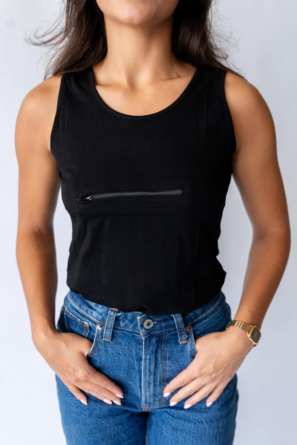 Clever Travel Companion Womens Tank Top with 1 Hidden Zipper Pockets, 100% Pickpocket Proof Holiday Tour Sleeveless Tee Shirt