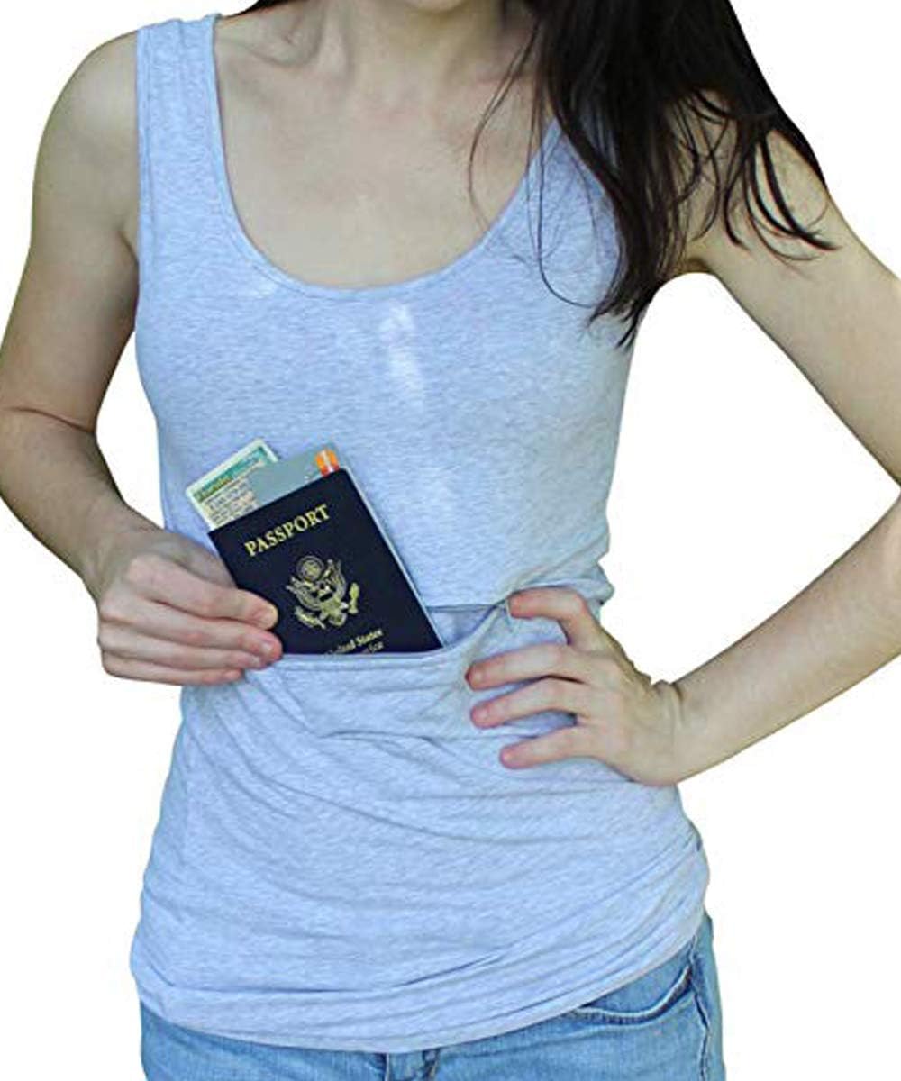 Clever Travel Companion Womens Tank Top with 1 Hidden Zipper Pockets, 100% Pickpocket Proof Holiday Tour Sleeveless Tee Shirt