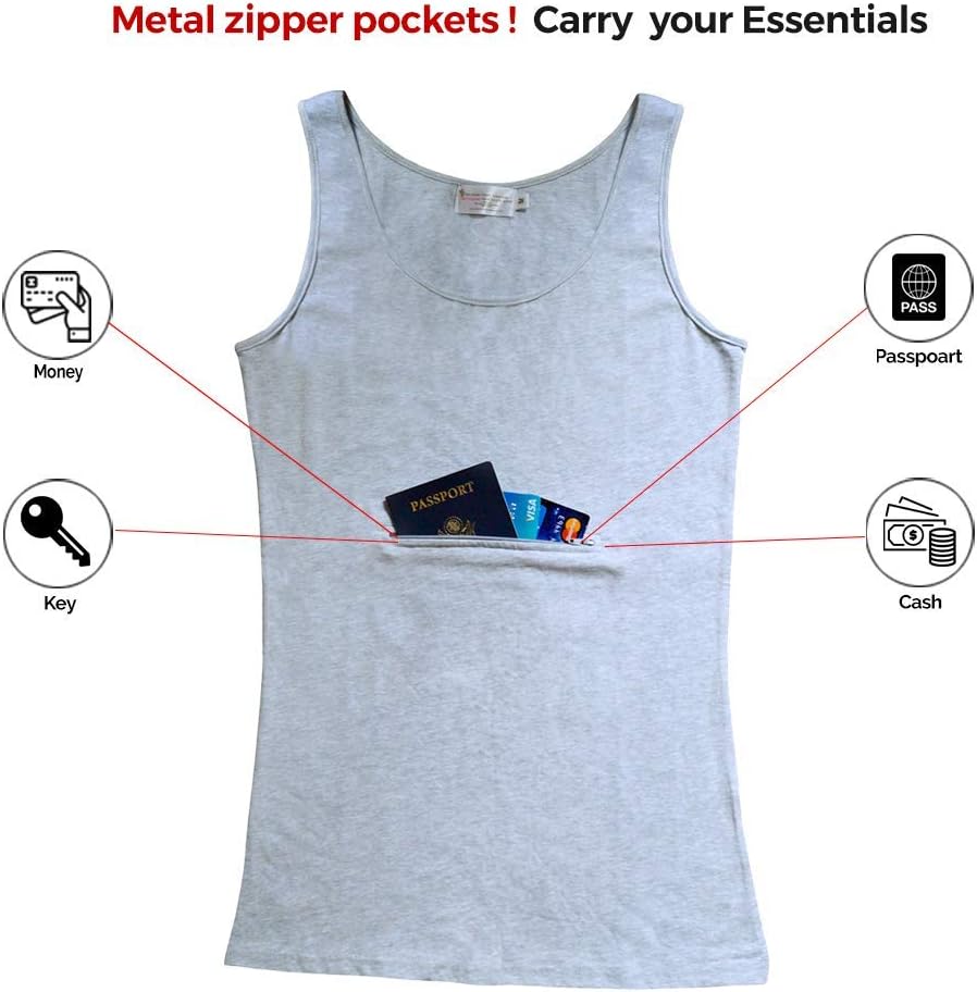 Clever Travel Companion Womens Tank Top with 1 Hidden Zipper Pockets, 100% Pickpocket Proof Holiday Tour Sleeveless Tee Shirt