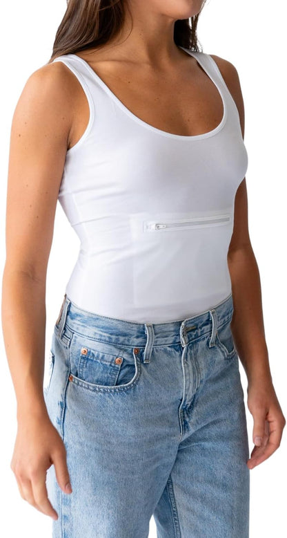 Clever Travel Companion Womens Tank Top with 1 Hidden Zipper Pockets, 100% Pickpocket Proof Holiday Tour Sleeveless Tee Shirt