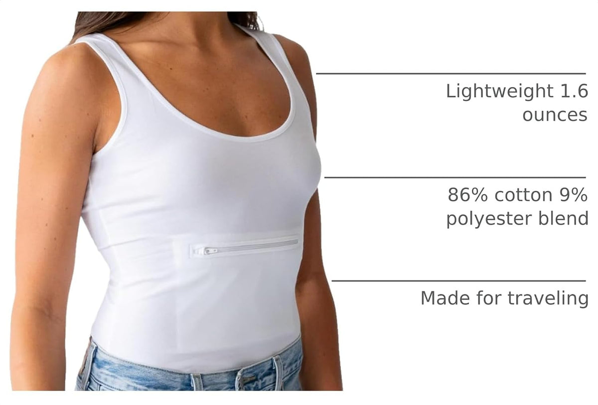 Clever Travel Companion Womens Tank Top with 1 Hidden Zipper Pockets, 100% Pickpocket Proof Holiday Tour Sleeveless Tee Shirt