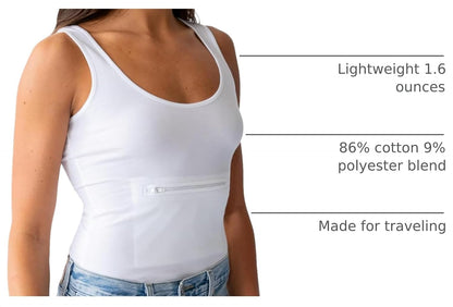Clever Travel Companion Womens Tank Top with 1 Hidden Zipper Pockets, 100% Pickpocket Proof Holiday Tour Sleeveless Tee Shirt