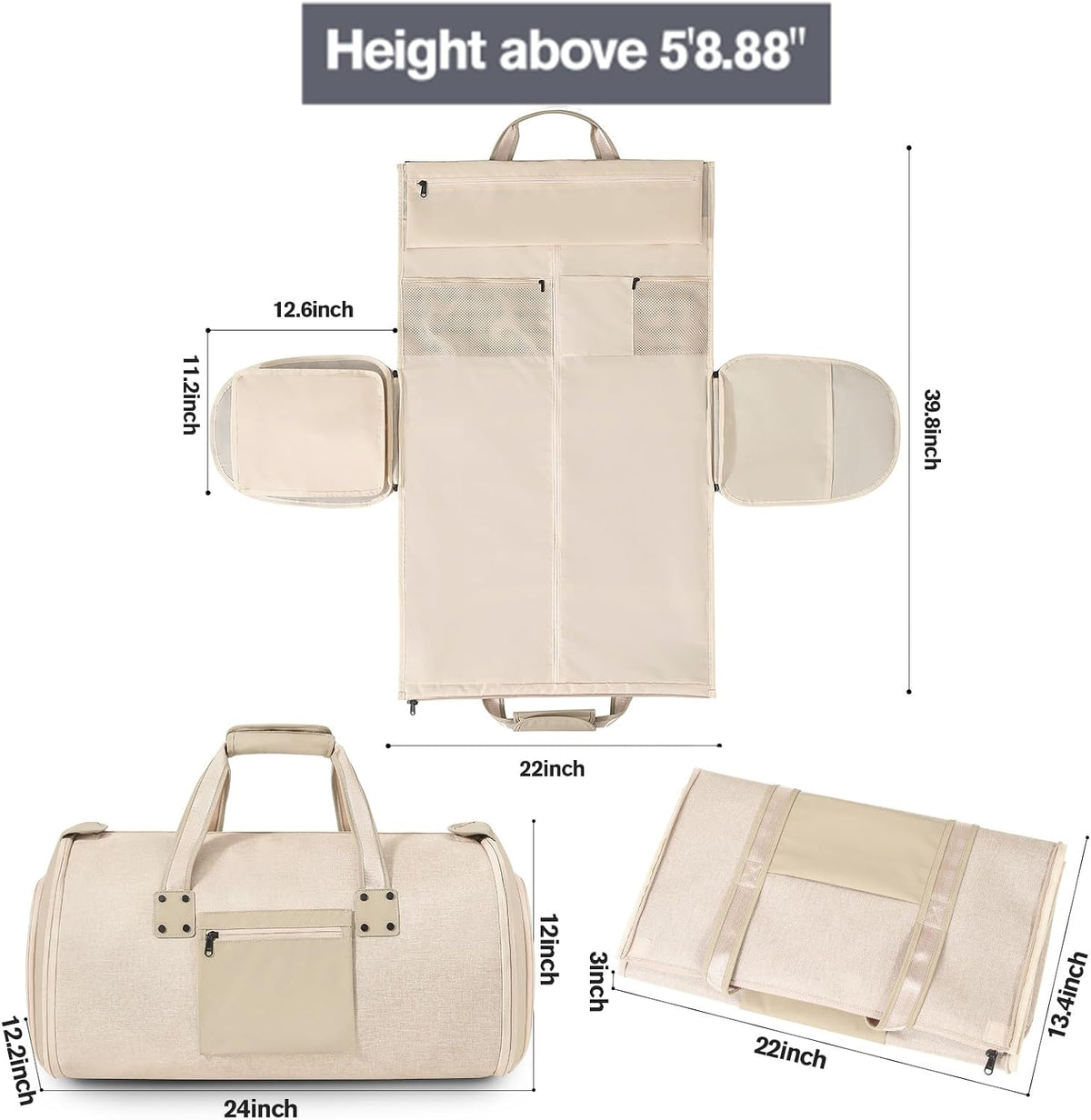 Garment Bags for Travel - Brand Zipper - Water Repellent Garment Bag with Shoe Compartment - 2 in 1 Convertible Suit Bag Travel with Shoe Bags - Medium Khaki