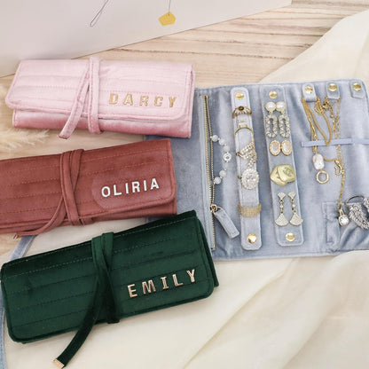 Personalized Velvet Jewelry Rolls, Custom Luxury Jewelry Travel Organizer, Wedding Favors, Travel Jewelry Case, Bridesmaid Gifts, Monogrammed Jewelry Roll, Valentine's Gift for Her