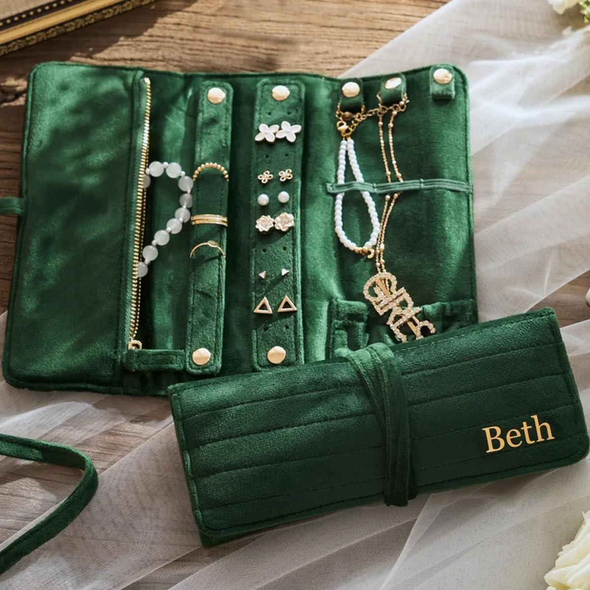 Personalized Velvet Jewelry Rolls, Custom Luxury Jewelry Travel Organizer, Wedding Favors, Travel Jewelry Case, Bridesmaid Gifts, Monogrammed Jewelry Roll, Valentine's Gift for Her