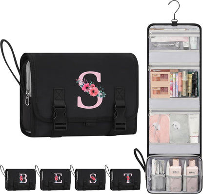 Travel Hanging Toiletry Bag for Women - Initial Makeup Toiletries Organizer with Compartments, Personalized Cosmetic Bags with Hanging Hook for Airplane Travel Essentials - Black S