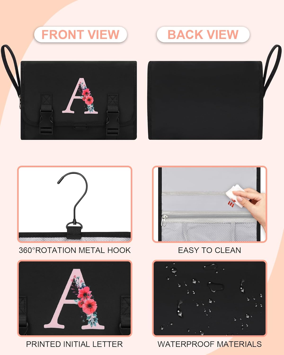 Travel Hanging Toiletry Bag for Women - Initial Makeup Toiletries Organizer with Compartments, Personalized Cosmetic Bags with Hanging Hook for Airplane Travel Essentials - Black S