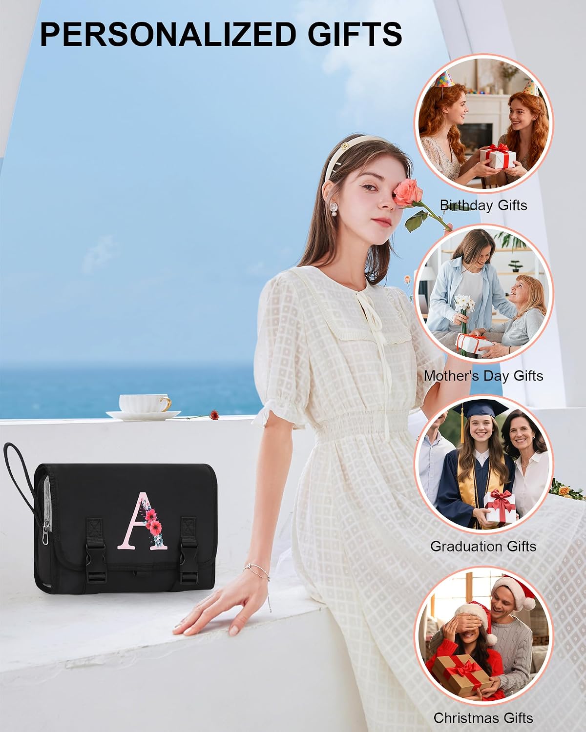 Travel Hanging Toiletry Bag for Women - Initial Makeup Toiletries Organizer with Compartments, Personalized Cosmetic Bags with Hanging Hook for Airplane Travel Essentials - Black S