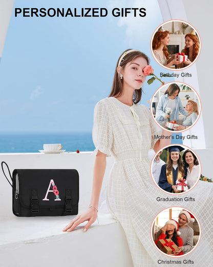 Travel Hanging Toiletry Bag for Women - Initial Makeup Toiletries Organizer with Compartments, Personalized Cosmetic Bags with Hanging Hook for Airplane Travel Essentials - Black S
