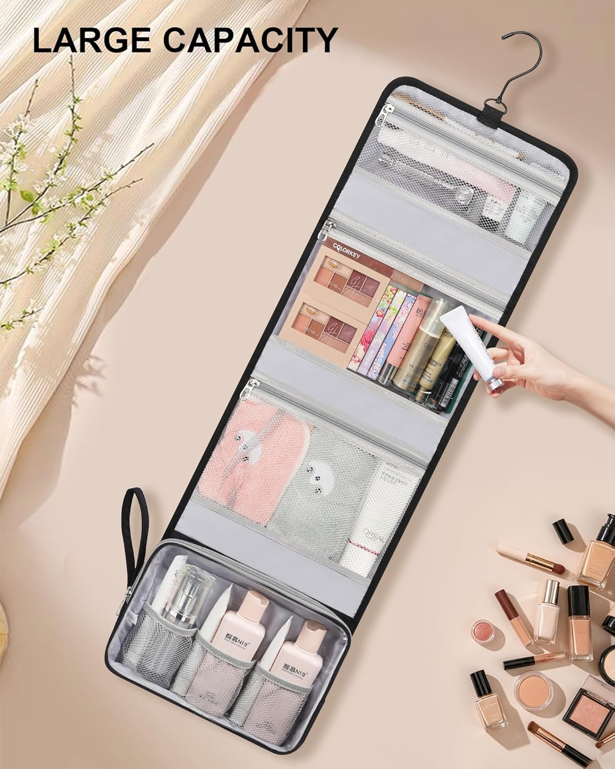 Travel Hanging Toiletry Bag for Women - Initial Makeup Toiletries Organizer with Compartments, Personalized Cosmetic Bags with Hanging Hook for Airplane Travel Essentials - Black S