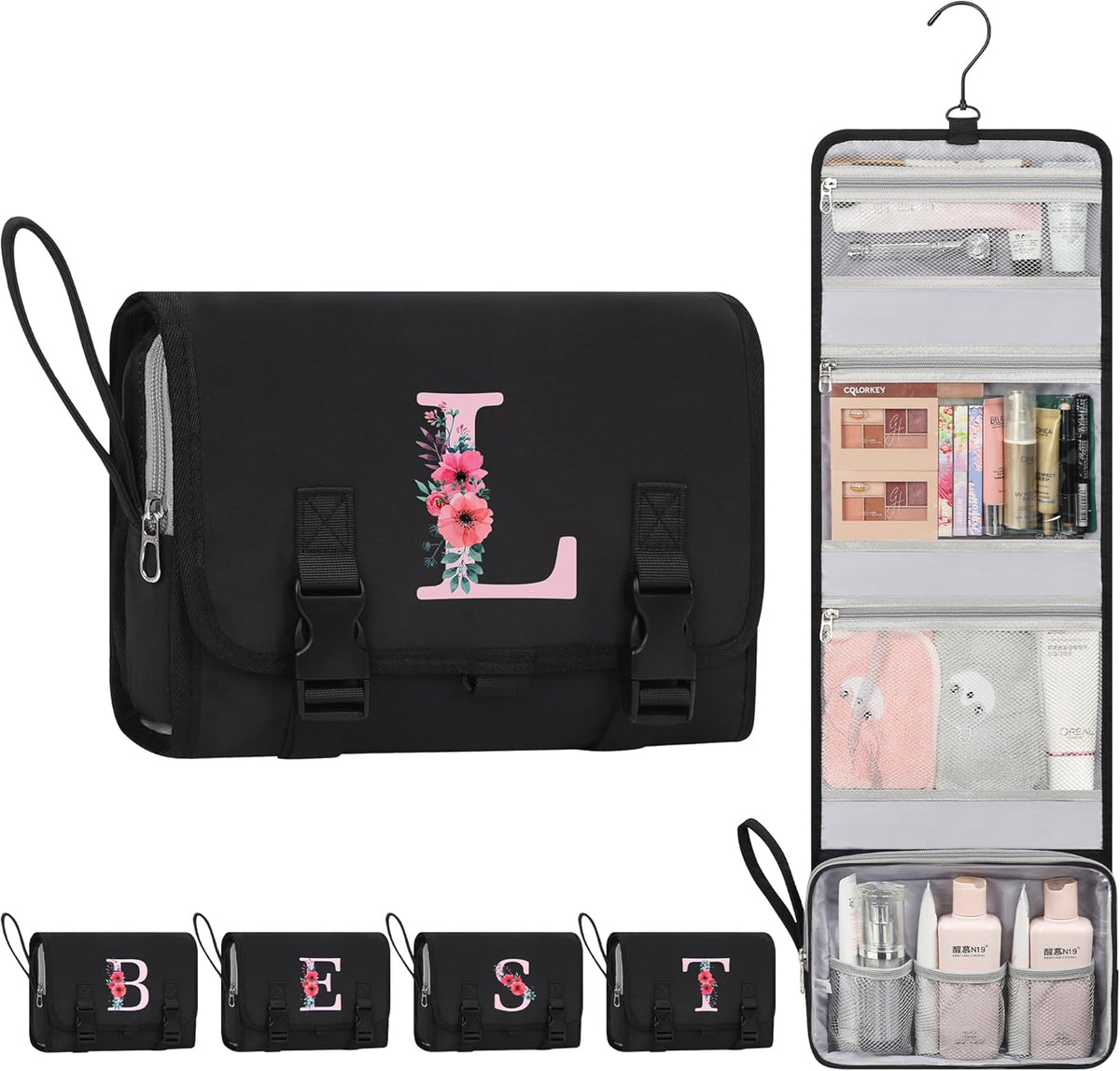 Travel Hanging Toiletry Bag for Women - Initial Makeup Toiletries Organizer with Compartments, Personalized Cosmetic Bags with Hanging Hook for Airplane Travel Essentials - Black S
