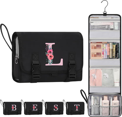 Travel Hanging Toiletry Bag for Women - Initial Makeup Toiletries Organizer with Compartments, Personalized Cosmetic Bags with Hanging Hook for Airplane Travel Essentials - Black S