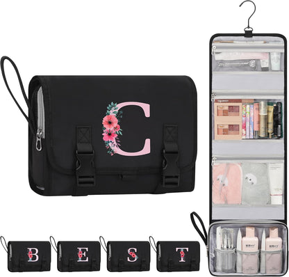 Travel Hanging Toiletry Bag for Women - Initial Makeup Toiletries Organizer with Compartments, Personalized Cosmetic Bags with Hanging Hook for Airplane Travel Essentials - Black S