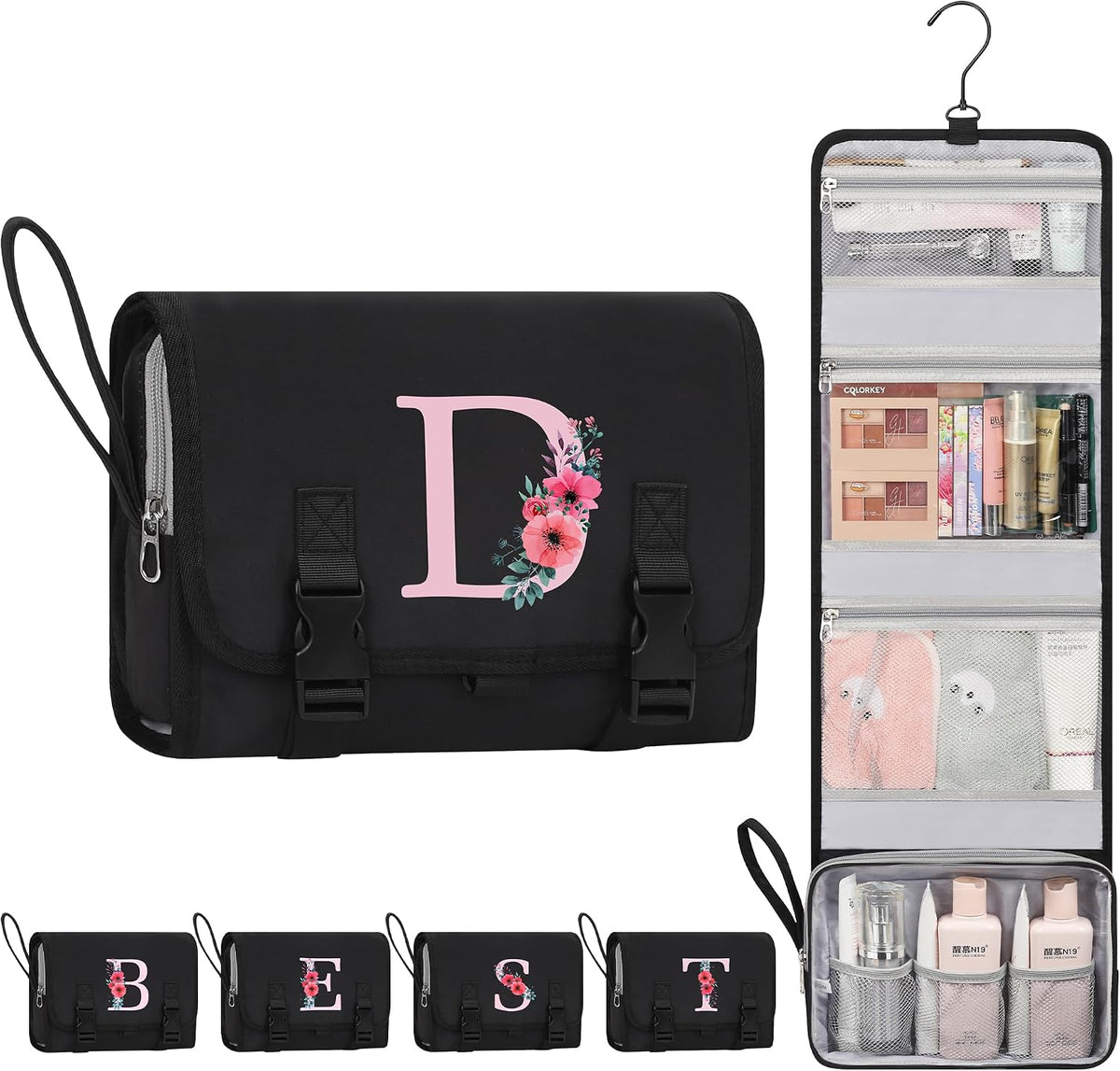 Travel Hanging Toiletry Bag for Women - Initial Makeup Toiletries Organizer with Compartments, Personalized Cosmetic Bags with Hanging Hook for Airplane Travel Essentials - Black S