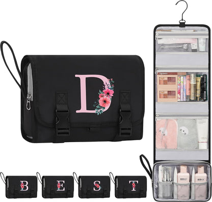 Travel Hanging Toiletry Bag for Women - Initial Makeup Toiletries Organizer with Compartments, Personalized Cosmetic Bags with Hanging Hook for Airplane Travel Essentials - Black S